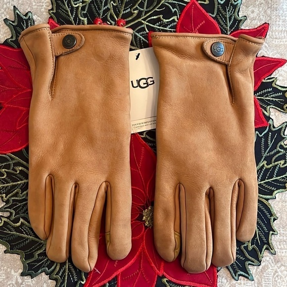 Brand New UGG Tabbed Splice Vent Genuine Leather Touchscreen Gloves Chestnut - Picture 1 of 16